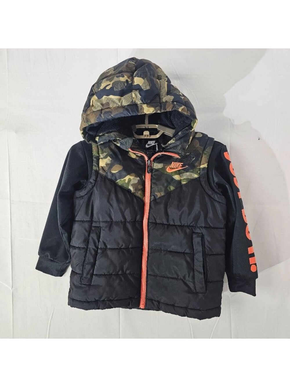 Nike Puffer Jacket Youth Small 4-5 Black Green Camouflage Kids Hoodie Vest Coat